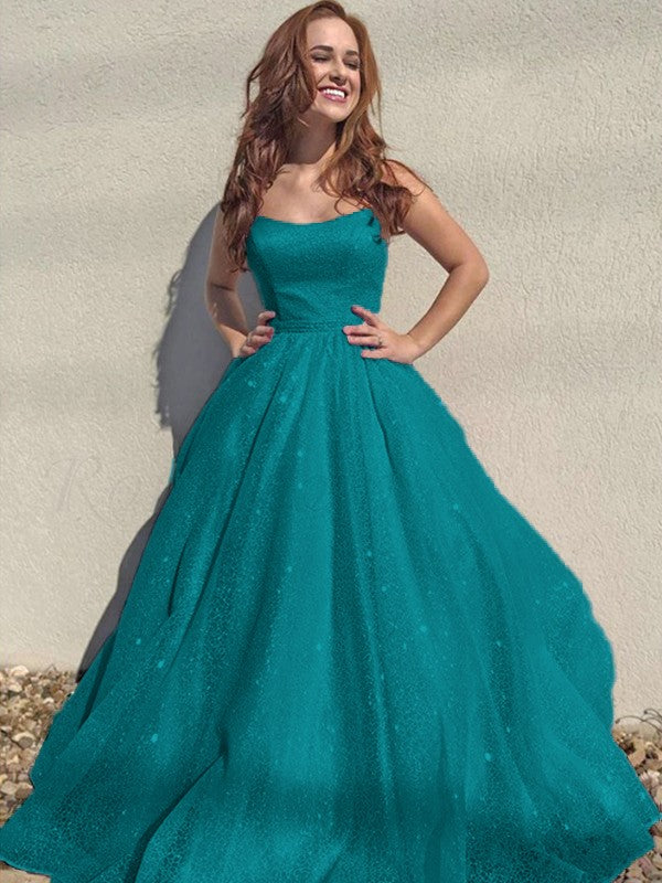 A-Line/Princess Square Tulle Sleeveless Ruffles Floor-Length Prom Dress