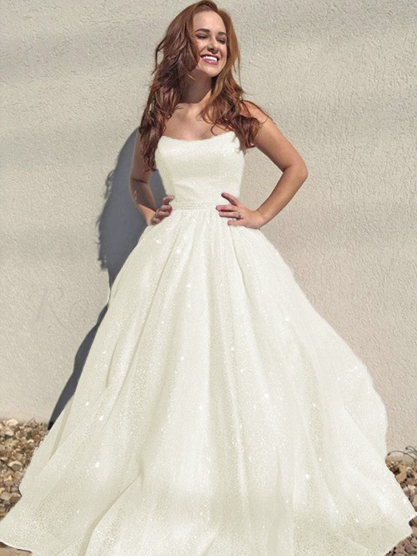 A-Line/Princess Square Tulle Sleeveless Ruffles Floor-Length Prom Dress