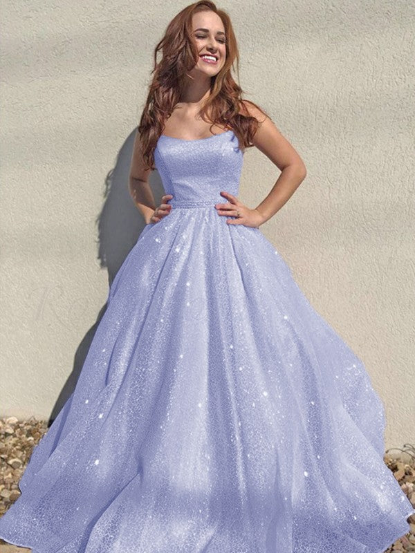 A-Line/Princess Square Tulle Sleeveless Ruffles Floor-Length Prom Dress