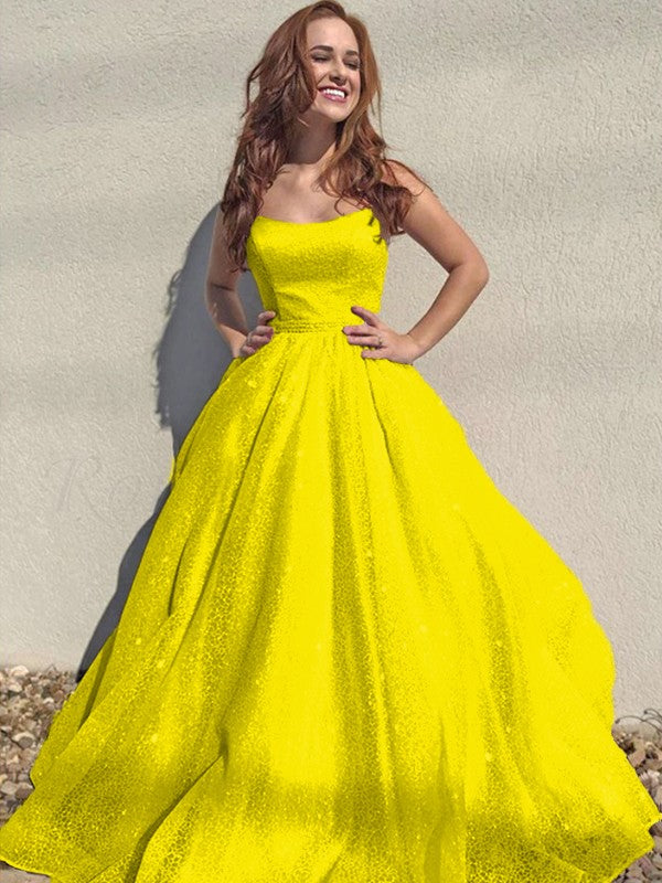 A-Line/Princess Square Tulle Sleeveless Ruffles Floor-Length Prom Dress