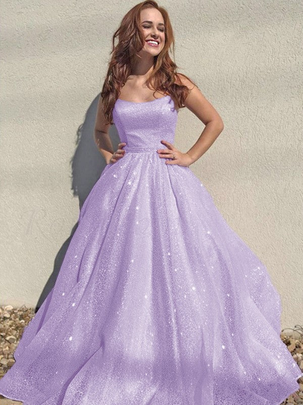 A-Line/Princess Square Tulle Sleeveless Ruffles Floor-Length Prom Dress