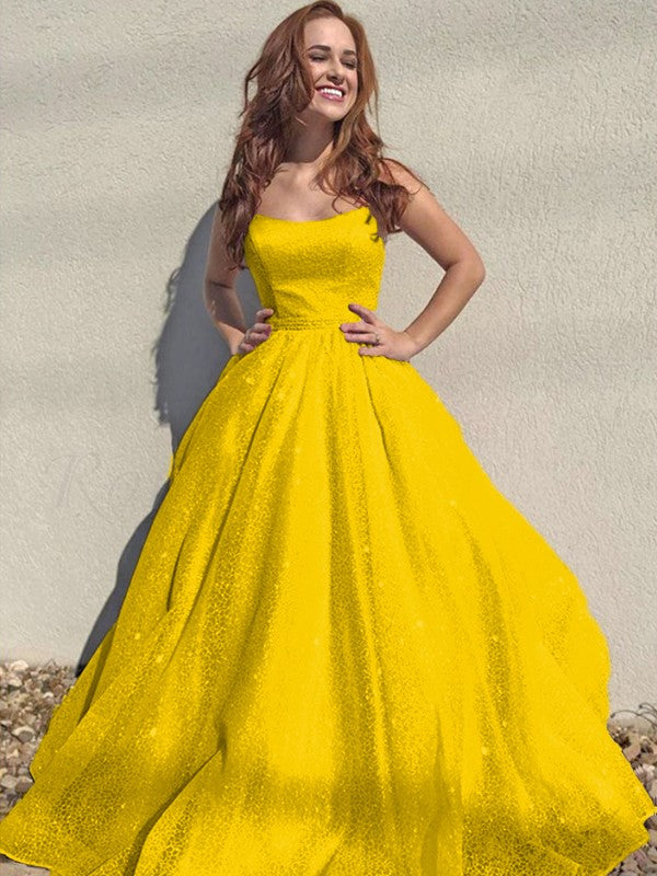 A-Line/Princess Square Tulle Sleeveless Ruffles Floor-Length Prom Dress