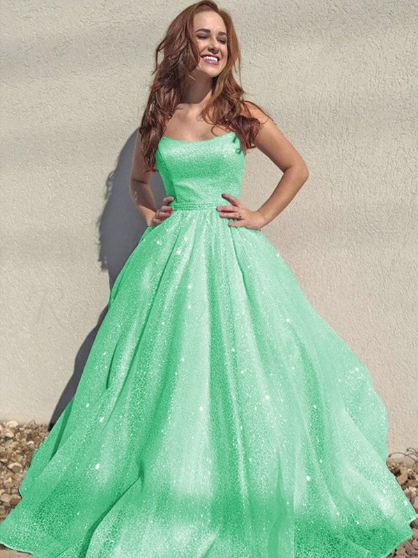 A-Line/Princess Square Tulle Sleeveless Ruffles Floor-Length Prom Dress