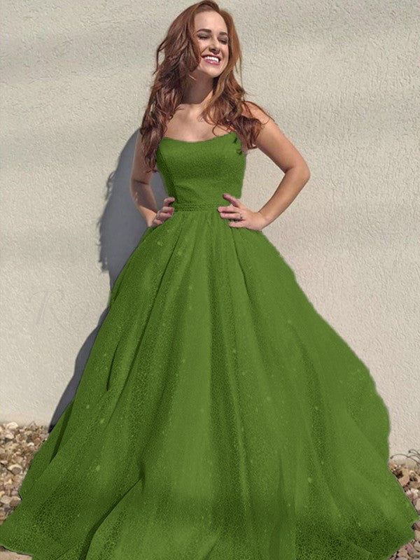 A-Line/Princess Square Tulle Sleeveless Ruffles Floor-Length Prom Dress