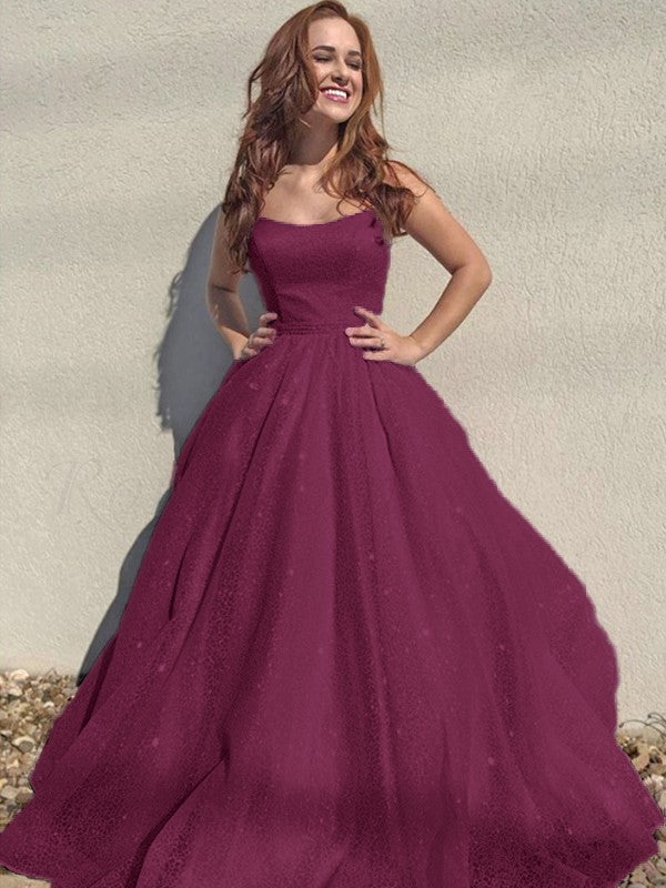 A-Line/Princess Square Tulle Sleeveless Ruffles Floor-Length Prom Dress