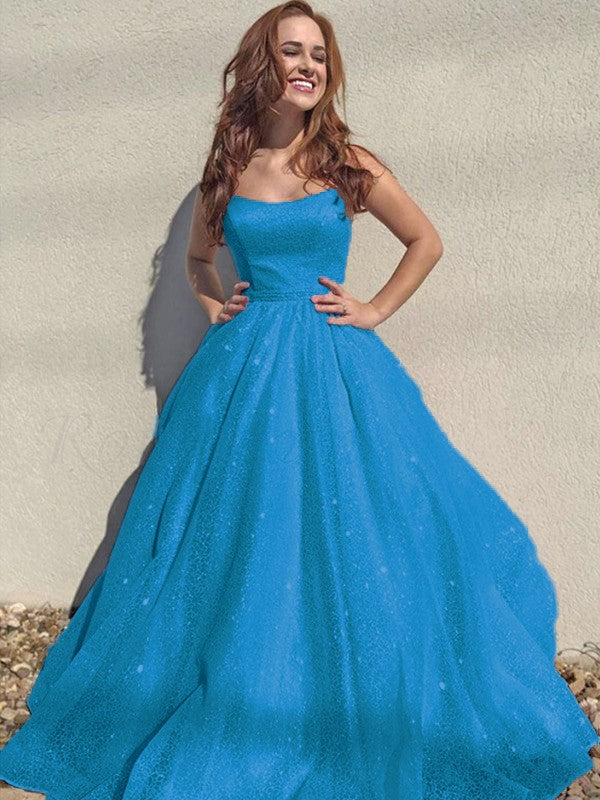 A-Line/Princess Square Tulle Sleeveless Ruffles Floor-Length Prom Dress