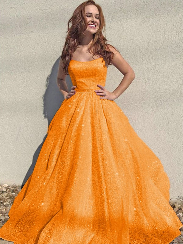 A-Line/Princess Square Tulle Sleeveless Ruffles Floor-Length Prom Dress