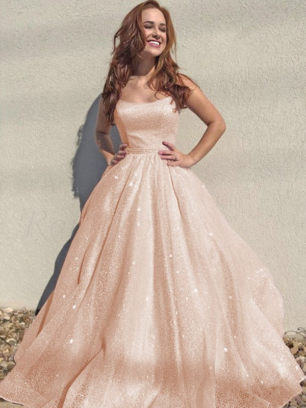 A-Line/Princess Square Tulle Sleeveless Ruffles Floor-Length Prom Dress