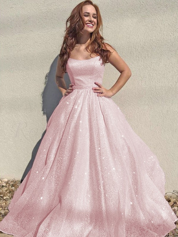 A-Line/Princess Square Tulle Sleeveless Ruffles Floor-Length Prom Dress