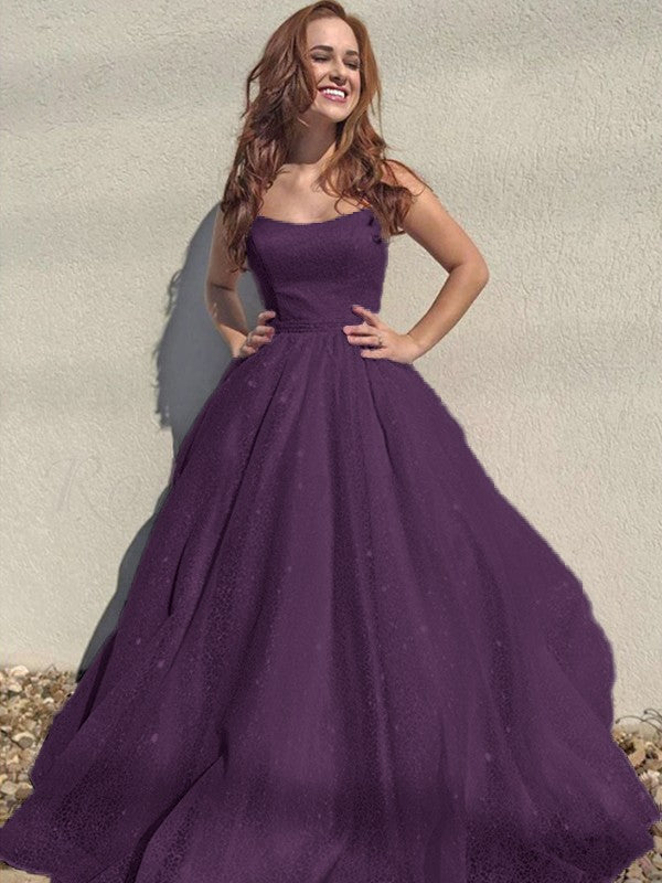 A-Line/Princess Square Tulle Sleeveless Ruffles Floor-Length Prom Dress