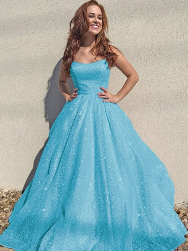 A-Line/Princess Square Tulle Sleeveless Ruffles Floor-Length Prom Dress