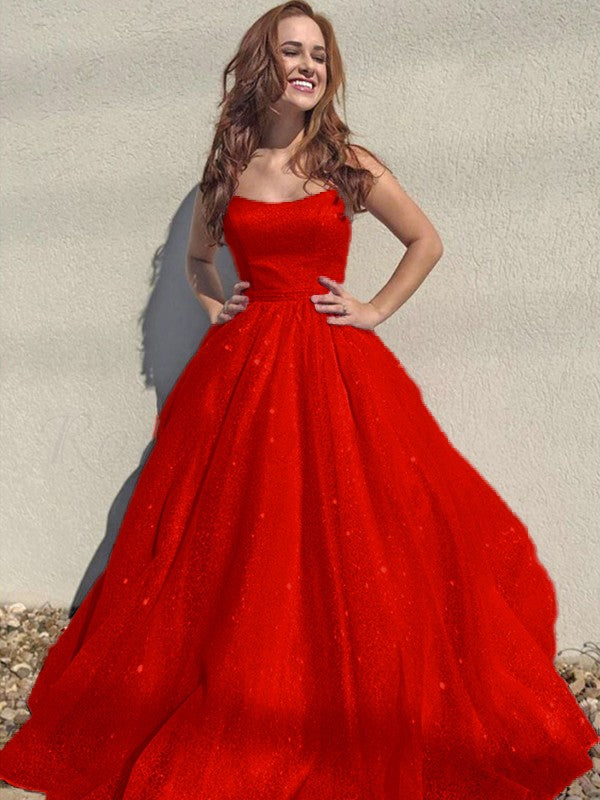 A-Line/Princess Square Tulle Sleeveless Ruffles Floor-Length Prom Dress