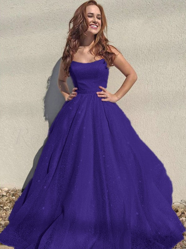 A-Line/Princess Square Tulle Sleeveless Ruffles Floor-Length Prom Dress