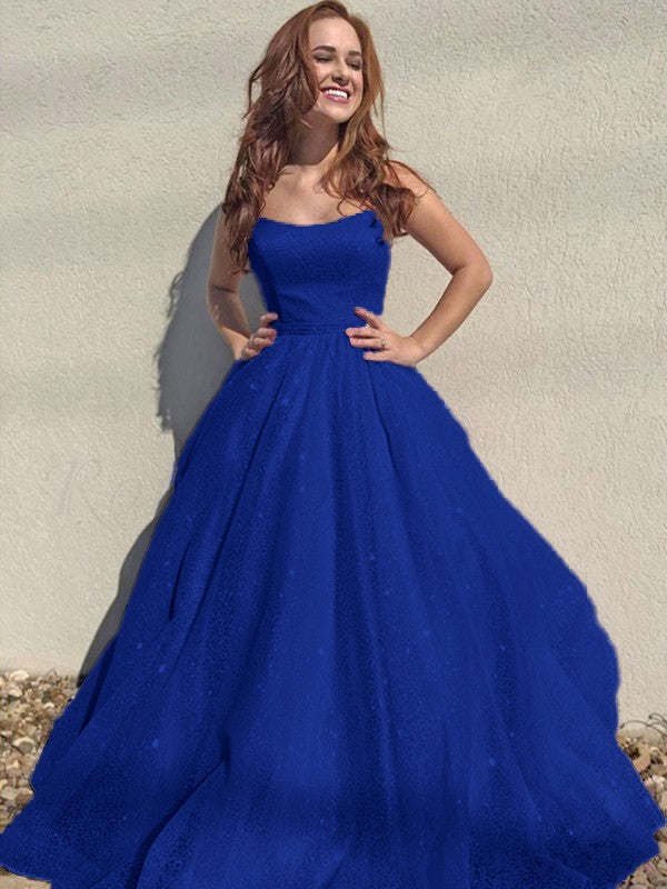 A-Line/Princess Square Tulle Sleeveless Ruffles Floor-Length Prom Dress
