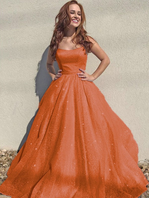 A-Line/Princess Square Tulle Sleeveless Ruffles Floor-Length Prom Dress