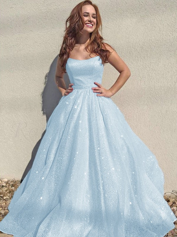 A-Line/Princess Square Tulle Sleeveless Ruffles Floor-Length Prom Dress