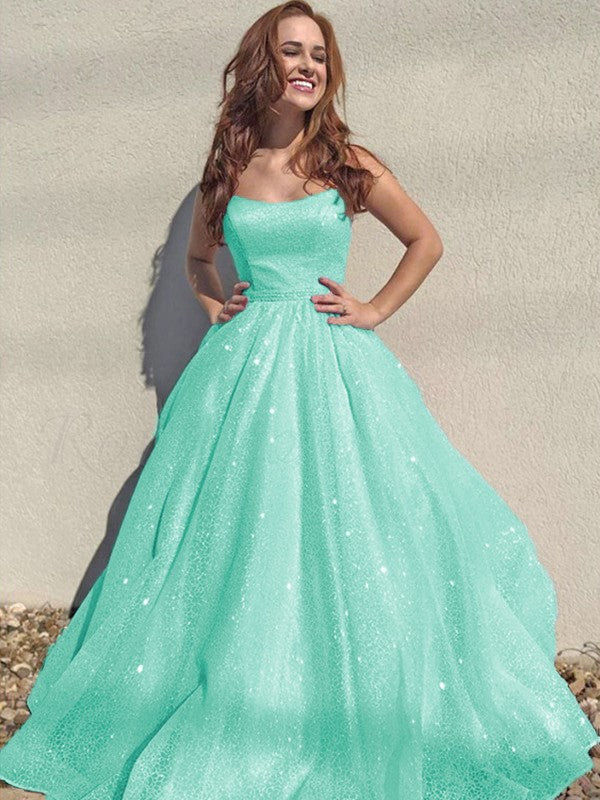 A-Line/Princess Square Tulle Sleeveless Ruffles Floor-Length Prom Dress