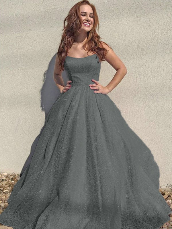 A-Line/Princess Square Tulle Sleeveless Ruffles Floor-Length Prom Dress