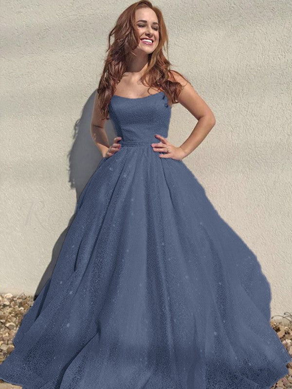 A-Line/Princess Square Tulle Sleeveless Ruffles Floor-Length Prom Dress