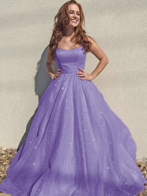 A-Line/Princess Square Tulle Sleeveless Ruffles Floor-Length Prom Dress