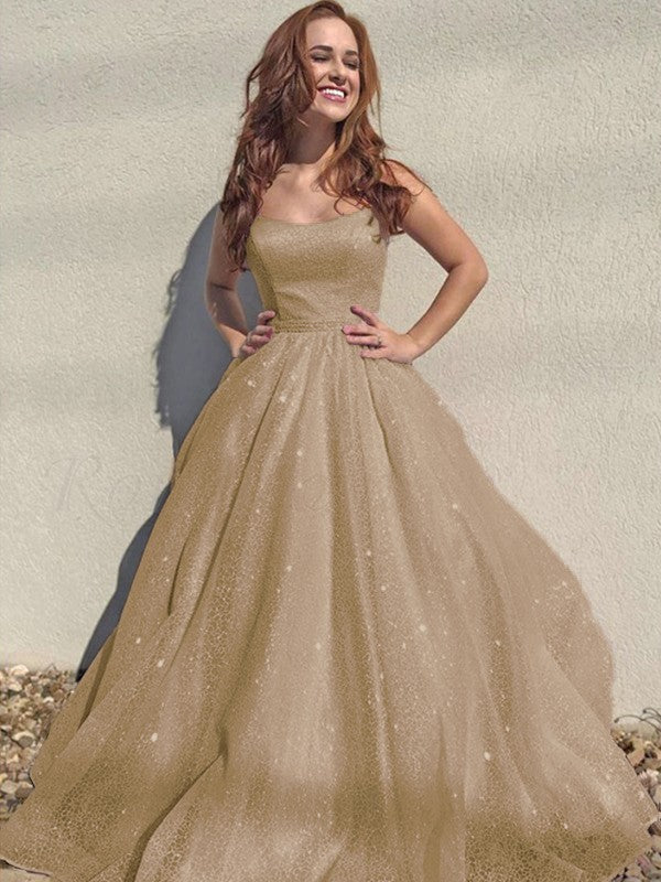 A-Line/Princess Square Tulle Sleeveless Ruffles Floor-Length Prom Dress