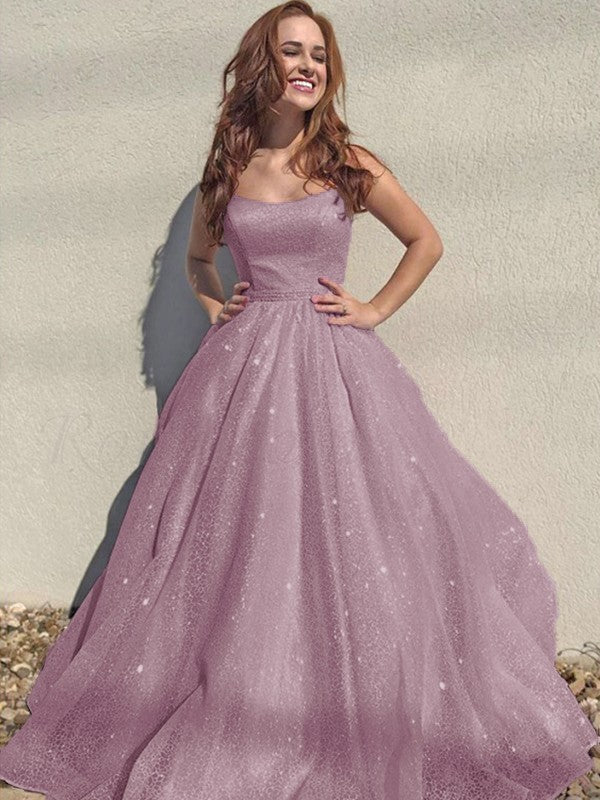 A-Line/Princess Square Tulle Sleeveless Ruffles Floor-Length Prom Dress