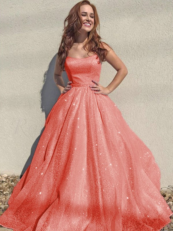 A-Line/Princess Square Tulle Sleeveless Ruffles Floor-Length Prom Dress