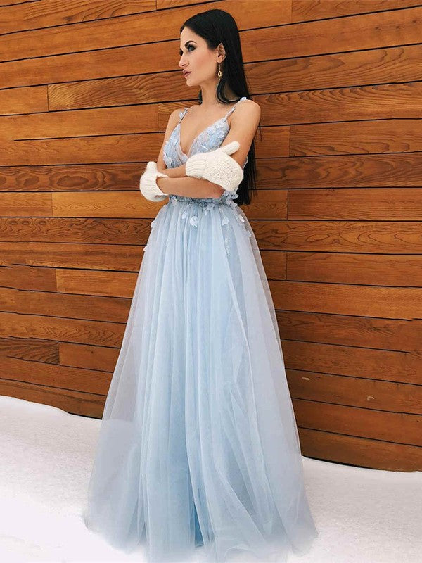 A-Line/Princess Tulle Applique V-neck Sleeveless Floor-Length Prom Dress