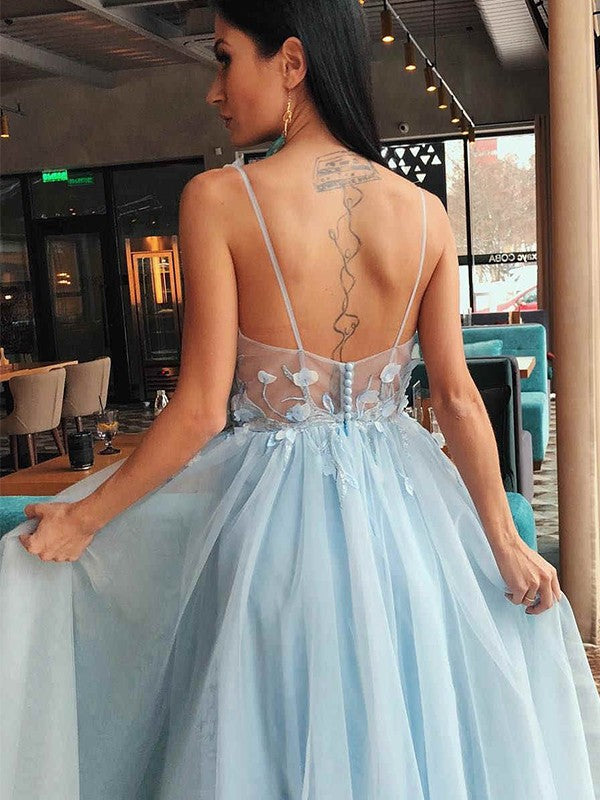 A-Line/Princess Tulle Applique V-neck Sleeveless Floor-Length Prom Dress