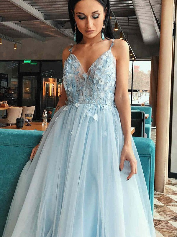 A-Line/Princess Tulle Applique V-neck Sleeveless Floor-Length Prom Dress