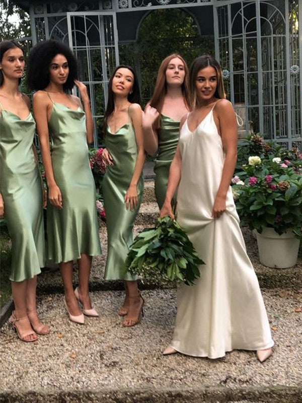 Sheath/Column Spaghetti Straps Ruched Silk like Satin Sleeveless Tea-Length Bridesmaid Dresses