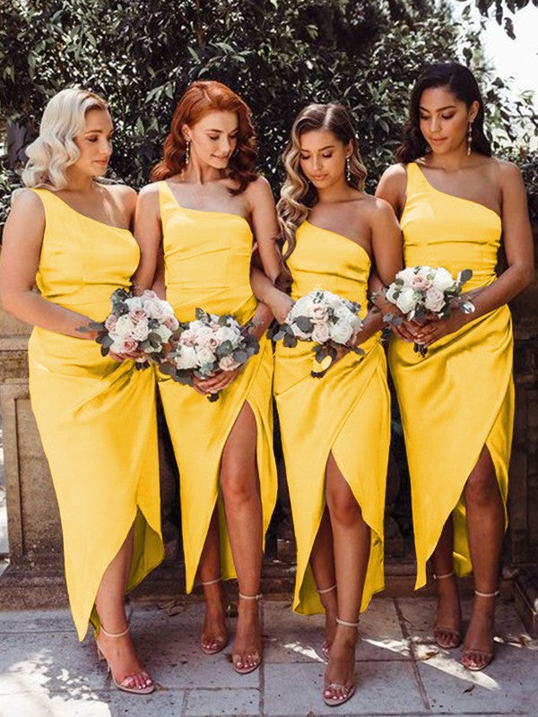 Sheath/Column One-Shoulder Ruched Silk like Satin Sleeveless Ankle-Length Bridesmaid Dresses