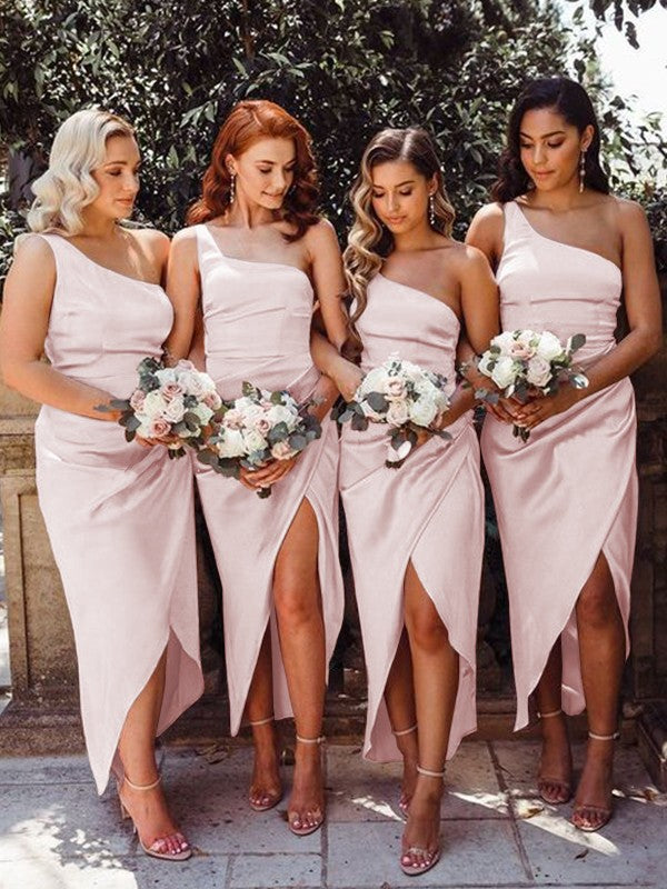 Sheath/Column One-Shoulder Ruched Silk like Satin Sleeveless Ankle-Length Bridesmaid Dresses