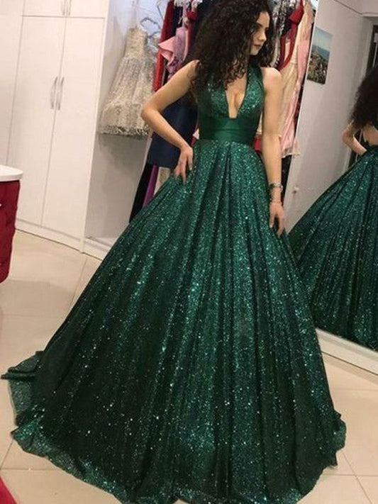 Ball Gown Sequins Ruffles Halter Sleeveless Floor-Length Prom Dress