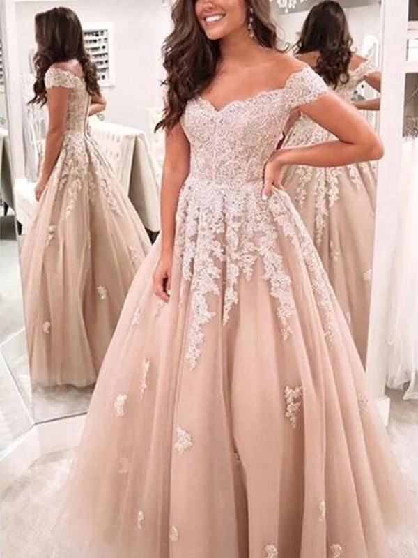 A-Line/Princess Tulle Applique Off-the-Shoulder Sleeveless Floor-Length Prom Dress