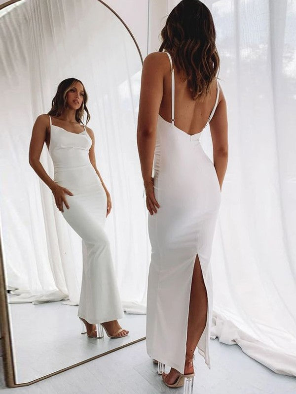 Sheath/Column Spaghetti Straps Stretch Crepe Ruched Sleeveless Floor-Length Prom Dress