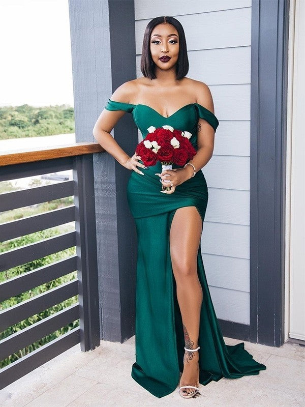 Sheath/Column Off-the-Shoulder Ruched Sleeveless Sweep/Brush Train Bridesmaid Dresses