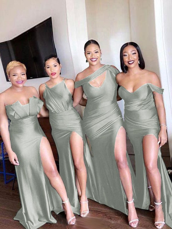 Sheath/Column Off-the-Shoulder Ruched Sleeveless Sweep/Brush Train Bridesmaid Dresses