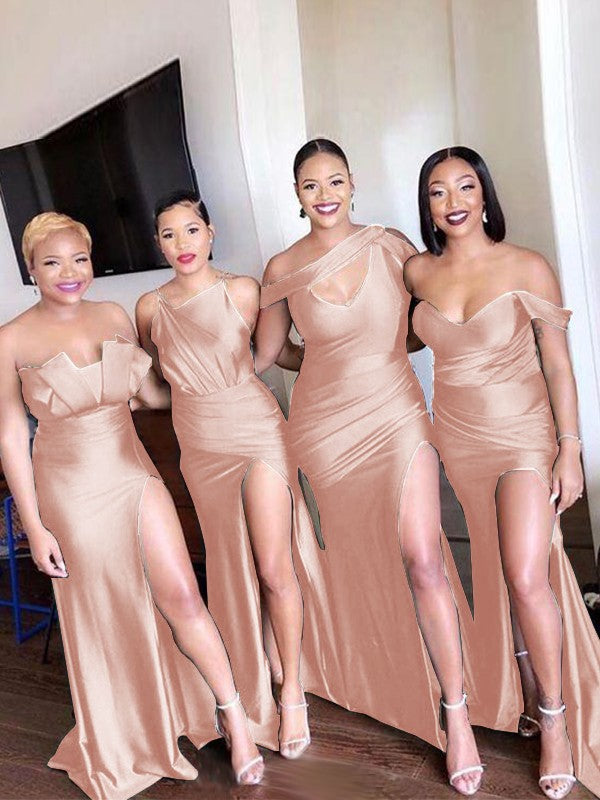 Sheath/Column Off-the-Shoulder Ruched Sleeveless Sweep/Brush Train Bridesmaid Dresses