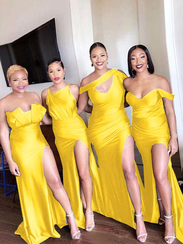 Sheath/Column Off-the-Shoulder Ruched Sleeveless Sweep/Brush Train Bridesmaid Dresses