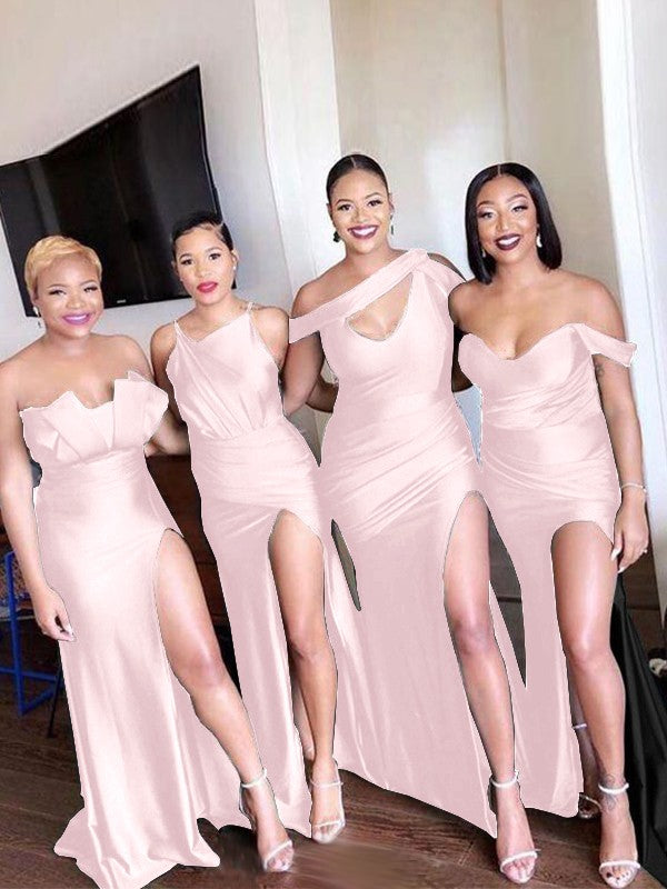 Sheath/Column Off-the-Shoulder Ruched Sleeveless Sweep/Brush Train Bridesmaid Dresses