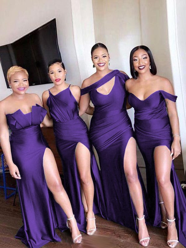 Sheath/Column Off-the-Shoulder Ruched Sleeveless Sweep/Brush Train Bridesmaid Dresses