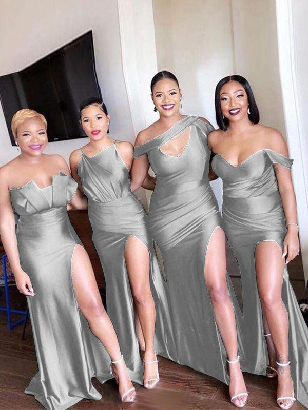 Sheath/Column Off-the-Shoulder Ruched Sleeveless Sweep/Brush Train Bridesmaid Dresses