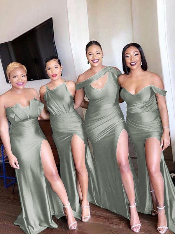 Sheath/Column Off-the-Shoulder Ruched Sleeveless Sweep/Brush Train Bridesmaid Dresses