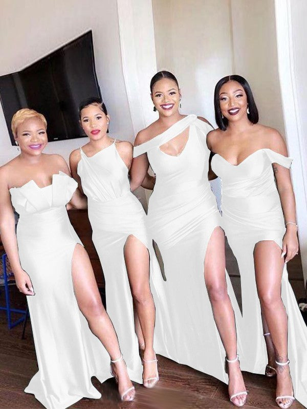 Sheath/Column Off-the-Shoulder Ruched Sleeveless Sweep/Brush Train Bridesmaid Dresses