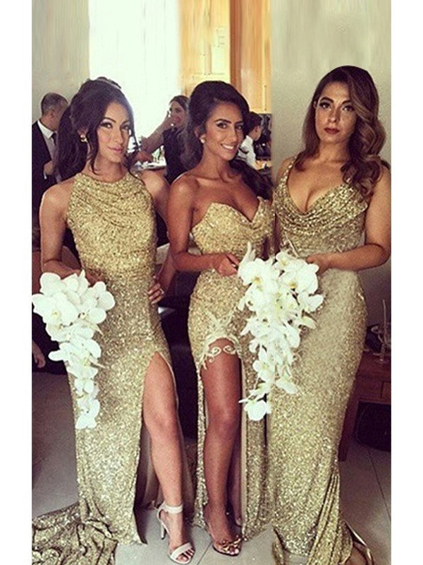 Sheath/Column Sequins Ruched Sweetheart Sleeveless Sweep/Brush Train Bridesmaid Dresses