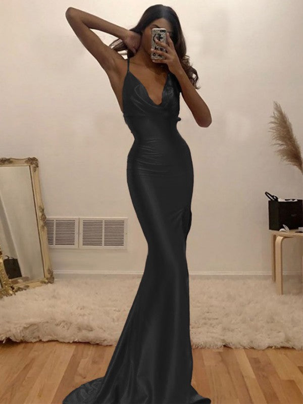Sheath/Column Ruched Halter Sleeveless Silk like Satin Sweep/Brush Train Prom Dress