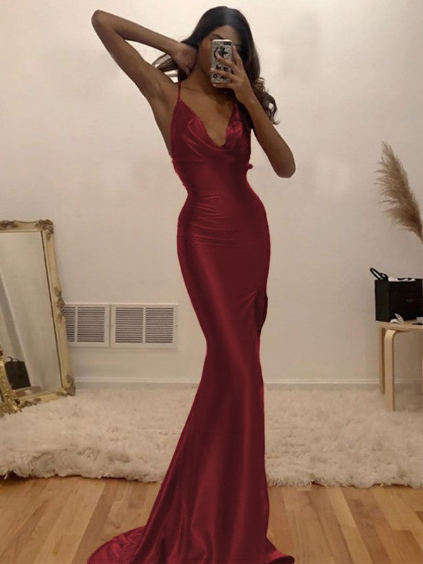 Sheath/Column Ruched Halter Sleeveless Silk like Satin Sweep/Brush Train Prom Dress