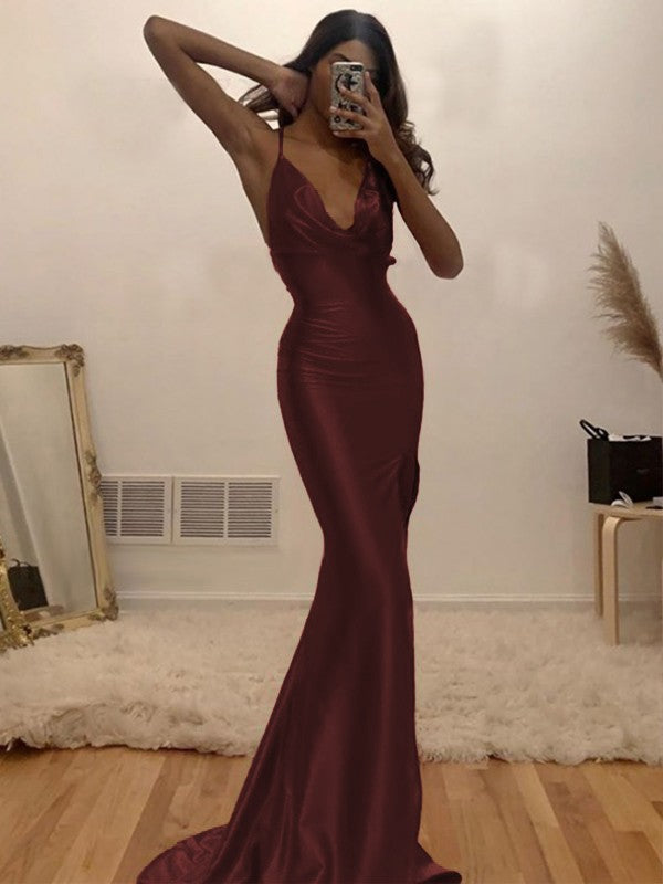 Sheath/Column Ruched Halter Sleeveless Silk like Satin Sweep/Brush Train Prom Dress