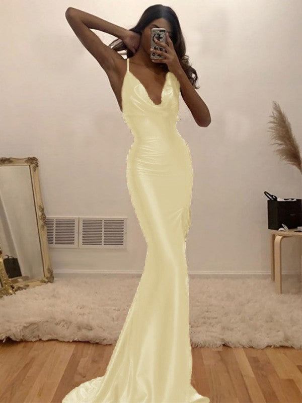 Sheath/Column Ruched Halter Sleeveless Silk like Satin Sweep/Brush Train Prom Dress
